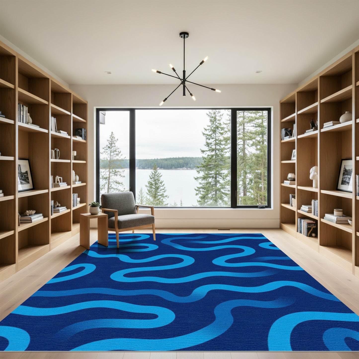 Deep Blue Gradient Wavy Lines Rug