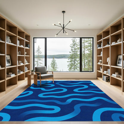 Deep Blue Gradient Wavy Lines Rug