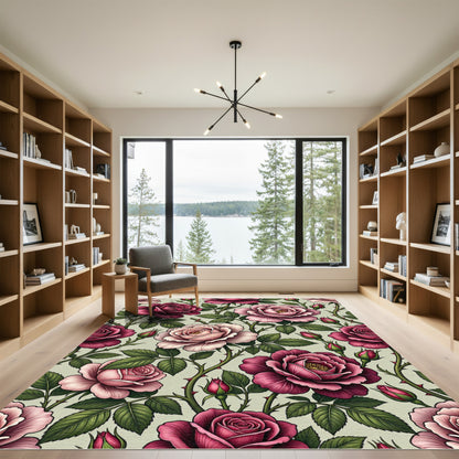 Romantic Pink Rose Garden Pattern Rug