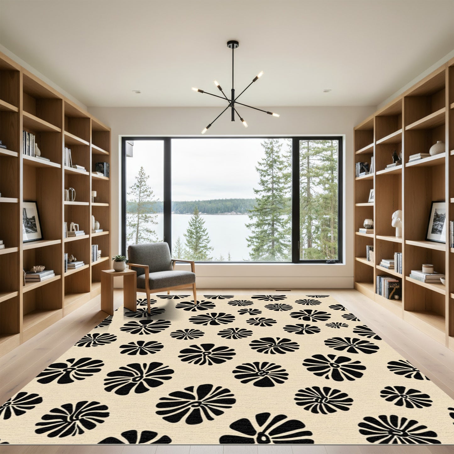 Black Floral Field Cream Accents Rug