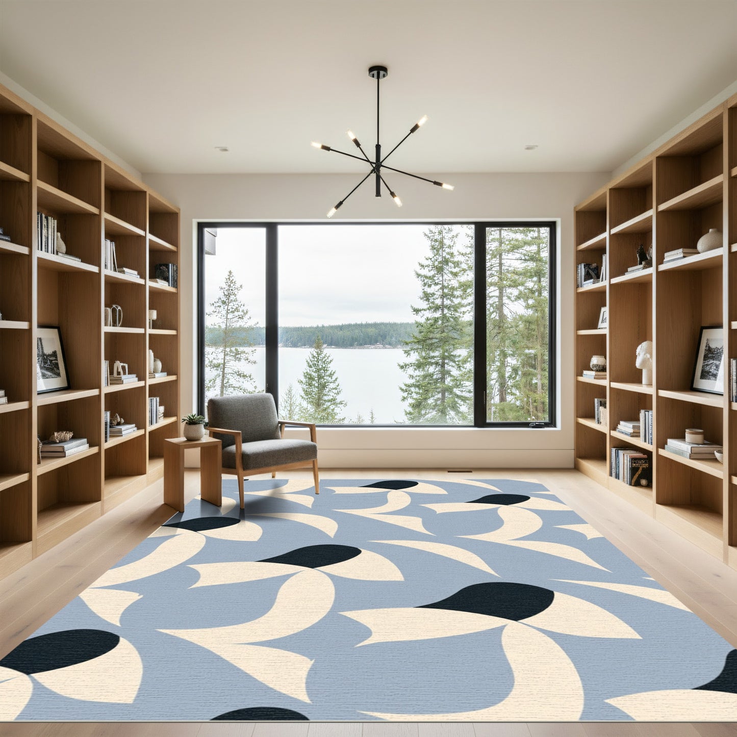 Serene Blue Cream Abstract Petal Rug
