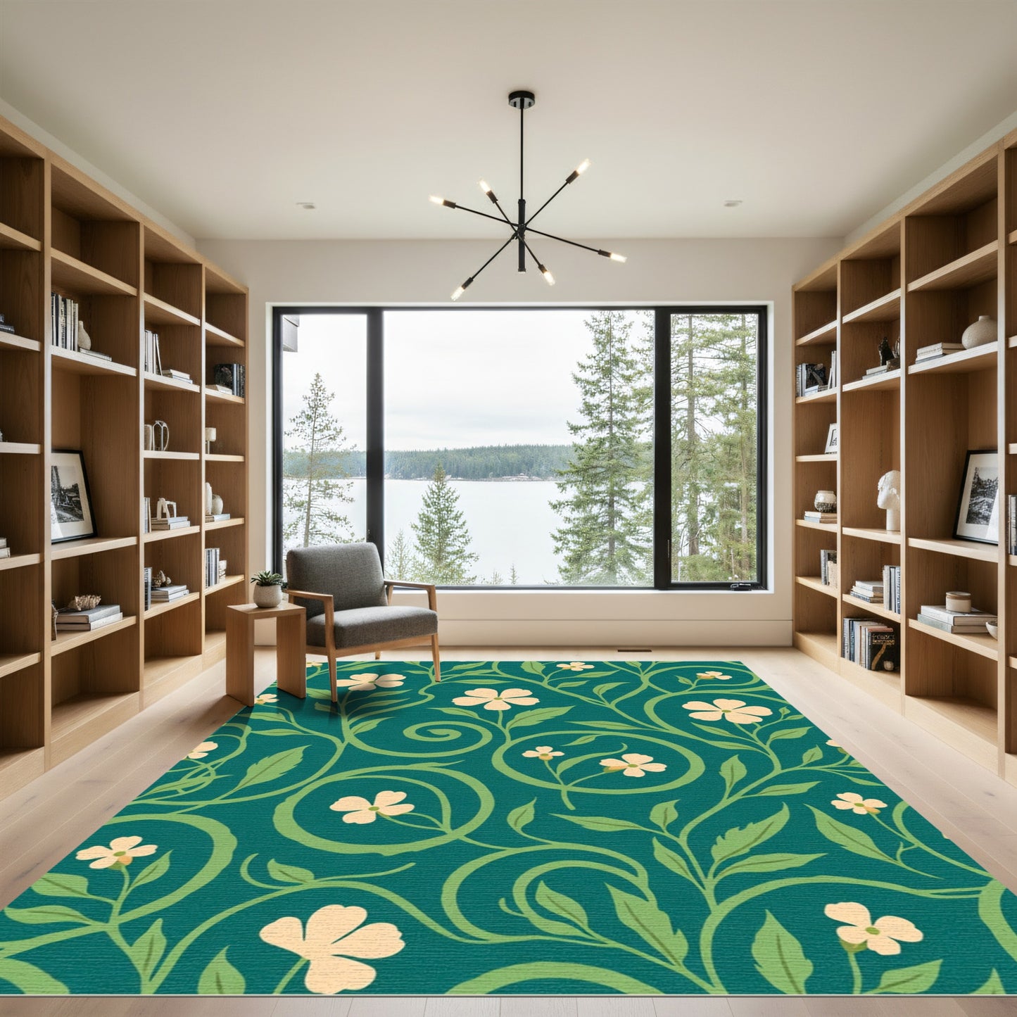 Teal Cream Floral Vine Swirls Rug