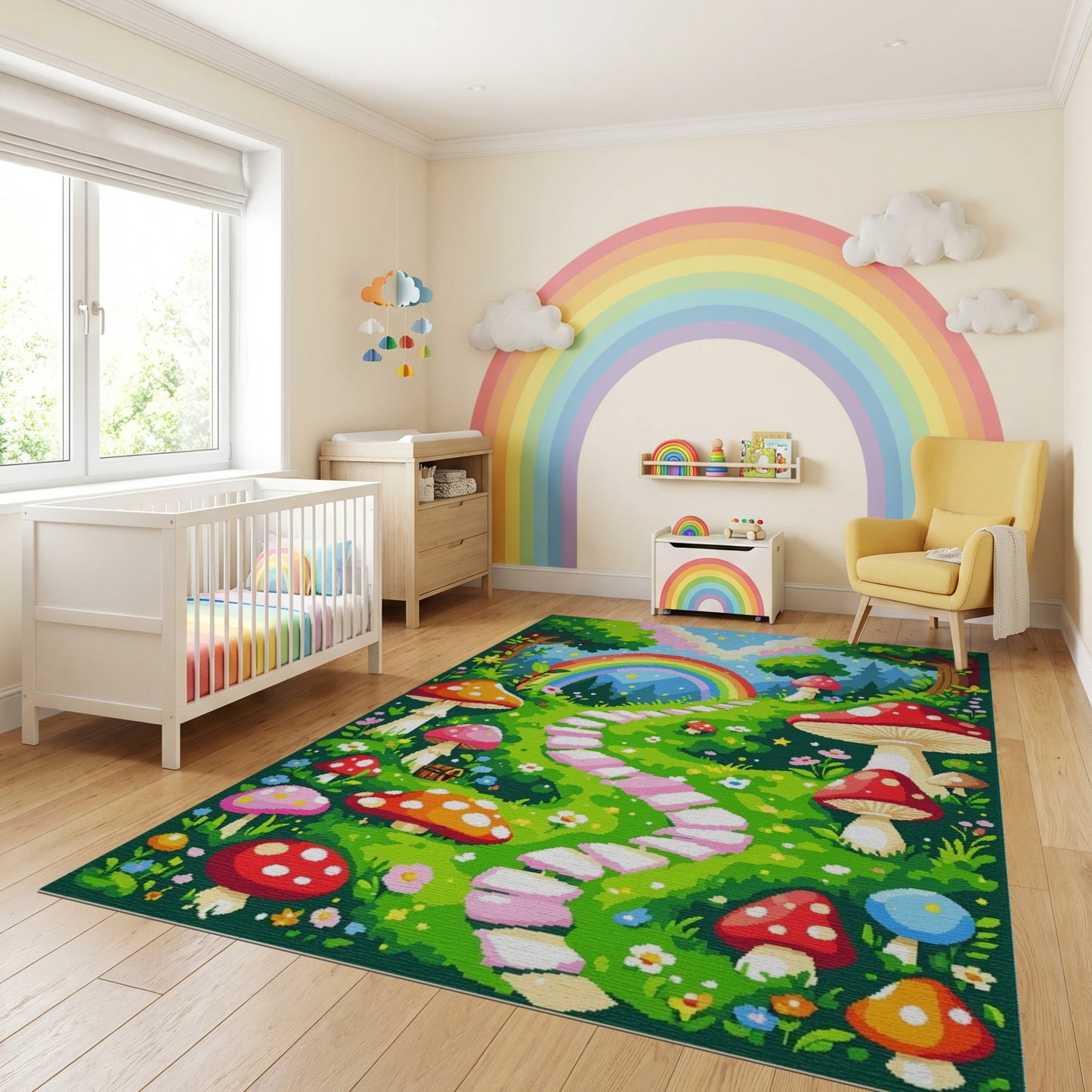 Whimsical Mushroom Rainbow Forest Path Rug