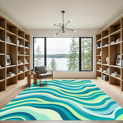 Teal Blue Green Wavy Striped Rug