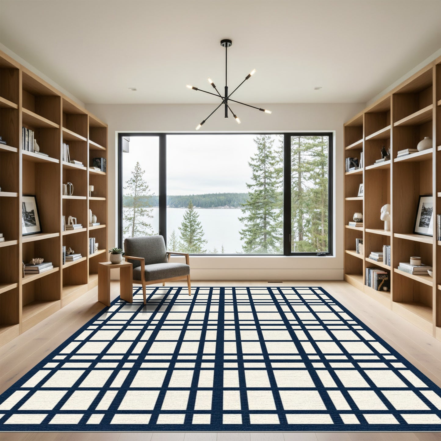 Modern Navy and Cream Plaid Grid Rug