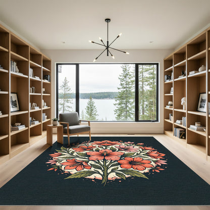 Coral Hibiscus Tropical Floral Arrangement Rug