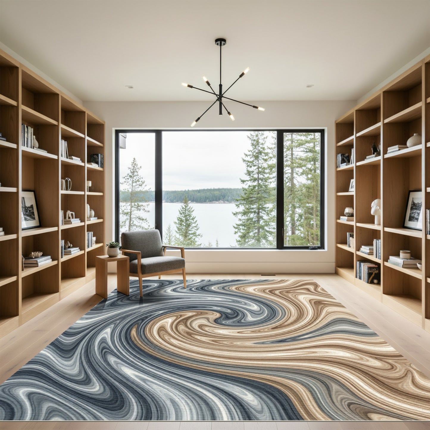 Modern Gray and Tan Fluid Swirl Rug