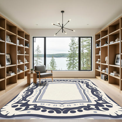 Dark Blue Cream Ornamental Frame Rug