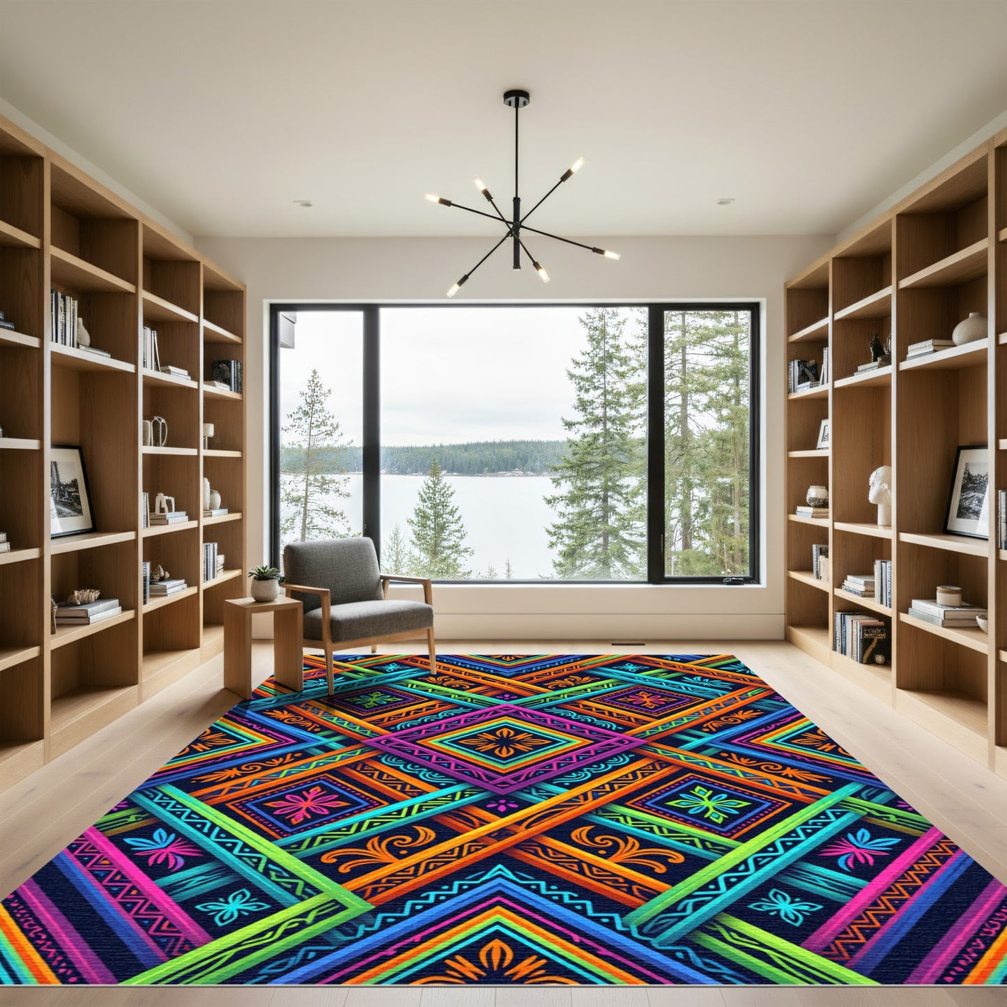 Vibrant Neon Geometric Kaleidoscope Interlocking Square Rug