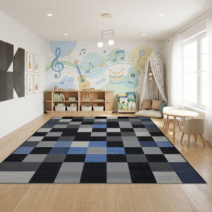Modern Black White Blue Checkered Patchwork Rug