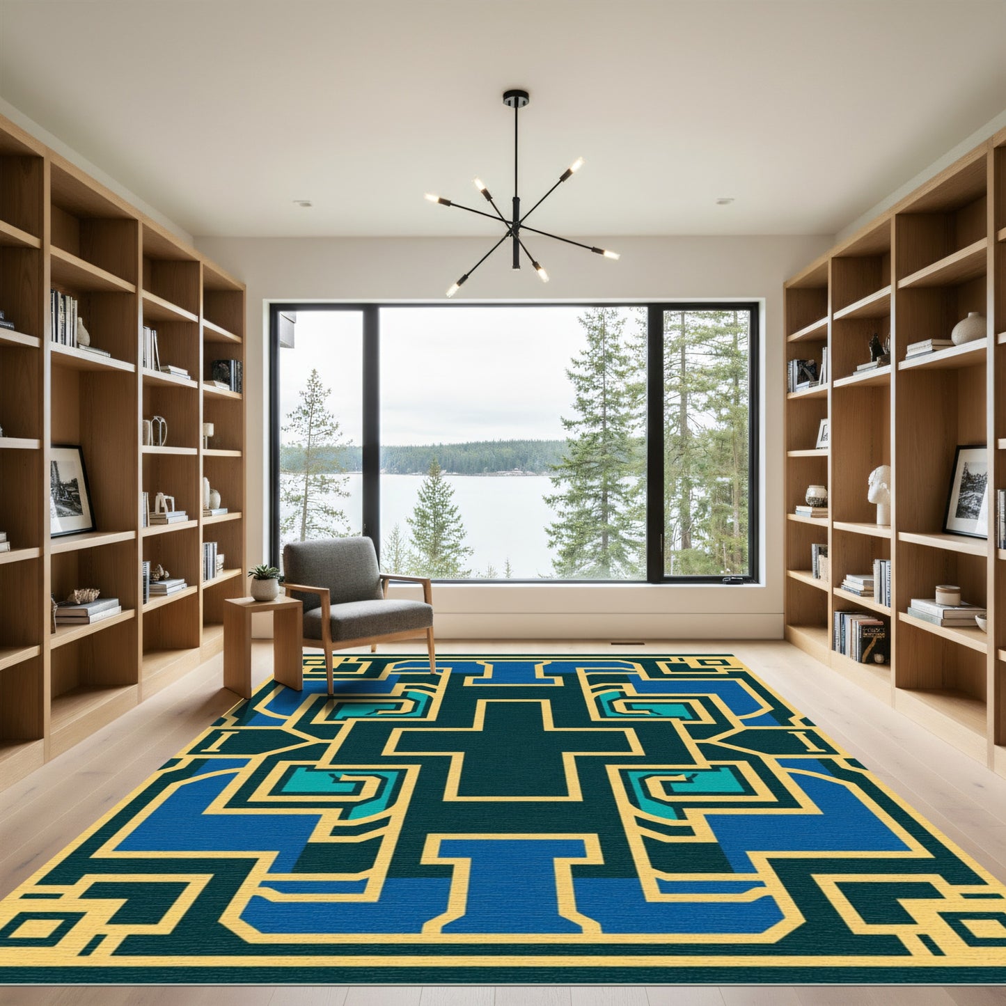 Geometric Gold Blue Medallion Composition Rug