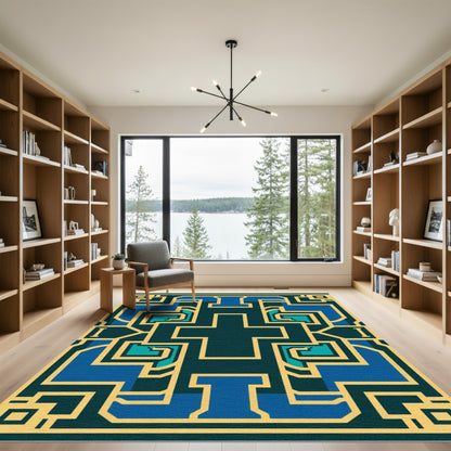 Geometric Gold Blue Medallion Composition Rug