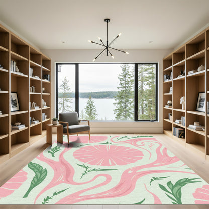Pink Floral Swirls Green Leaves Rug