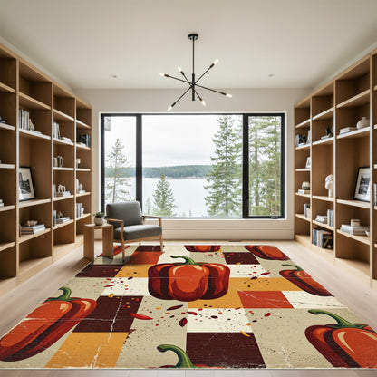 Retro Red Pepper Geometric Checkered Composition Rug