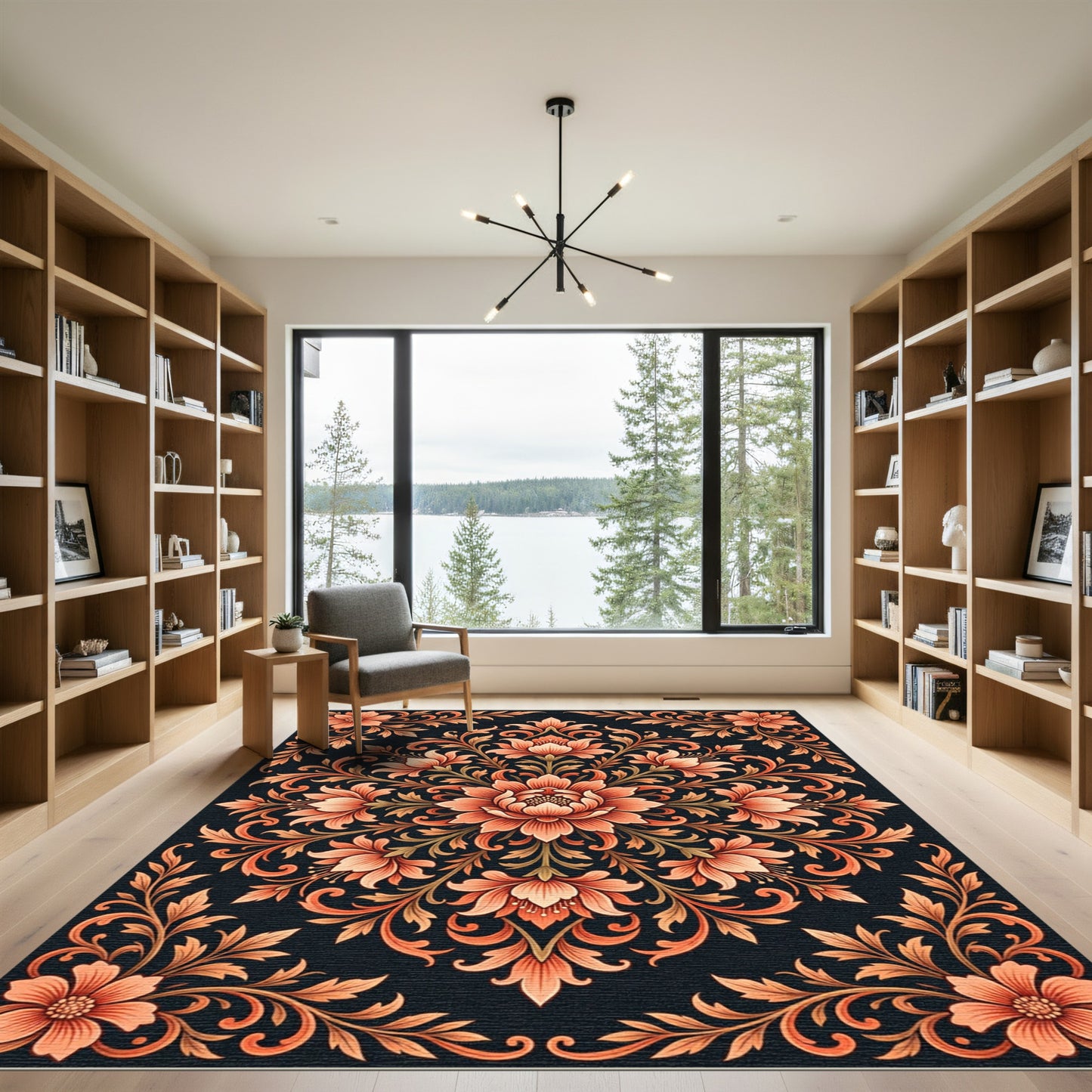 Elegant Terracotta Floral Damask Medallion Rug