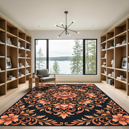Elegant Terracotta Floral Damask Medallion Rug