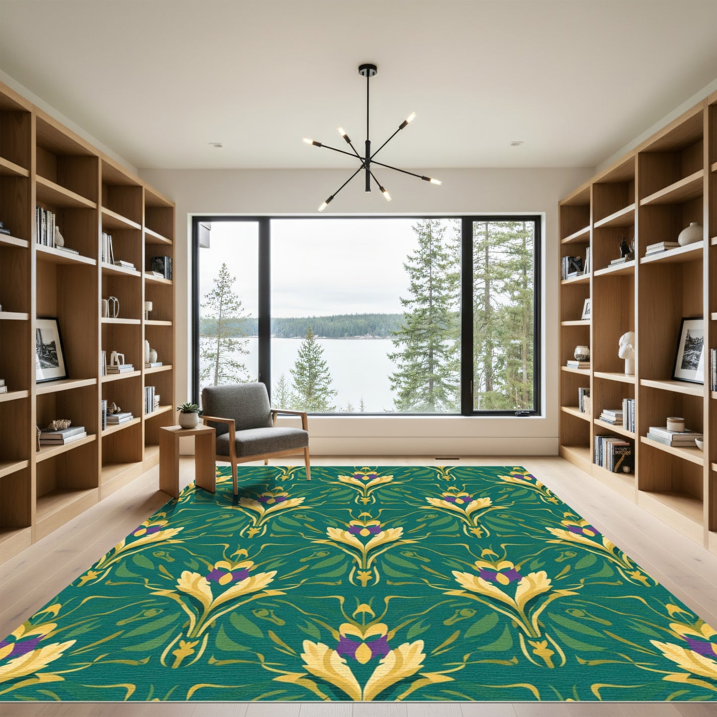 Emerald Teal Golden Floral Scroll Rug