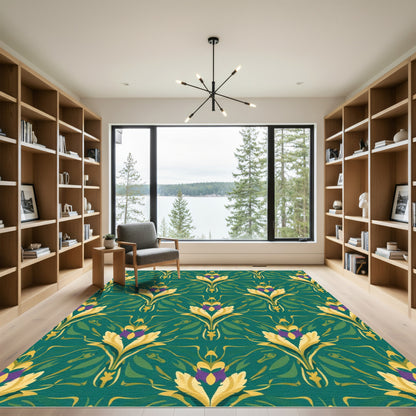 Emerald Teal Golden Floral Scroll Rug