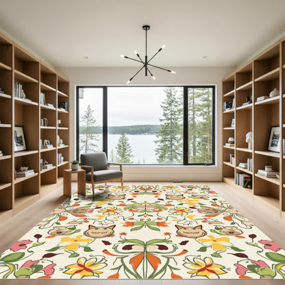 Whimsical Floral Cat Folk Art Rug