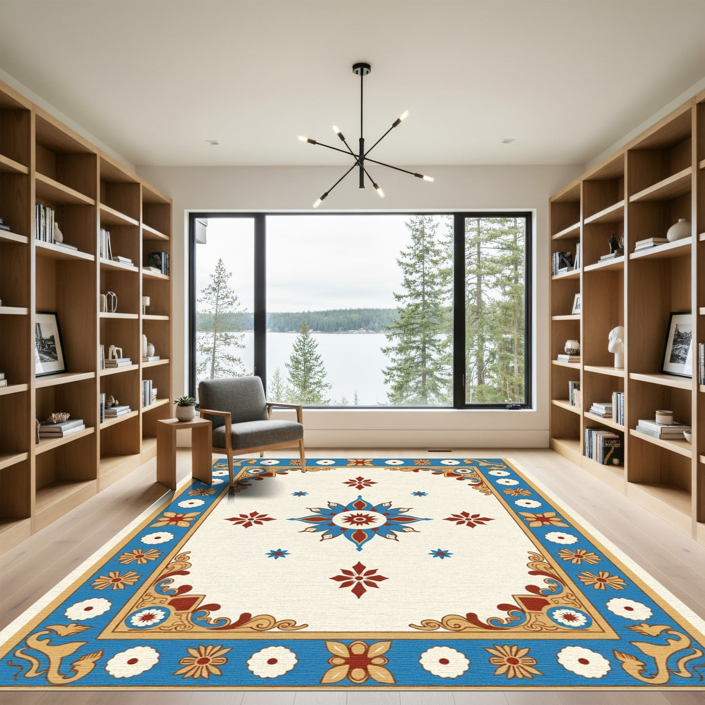 Blue Red Floral Starburst Centerpiece Rug