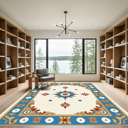 Blue Red Floral Starburst Centerpiece Rug