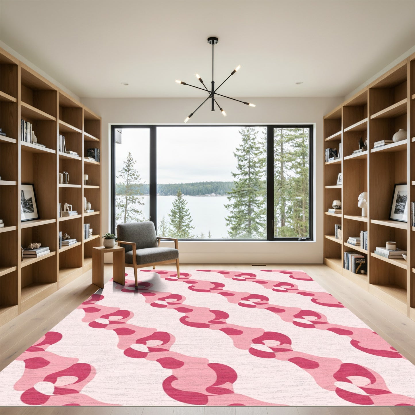 Modern Pink Abstract Curving Stripe Rug