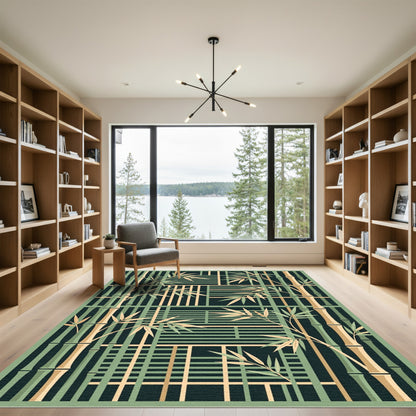 Zen Bamboo Forest Geometric Grid Rug