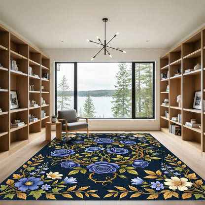 Deep Blue Rose Garland Floral Rug