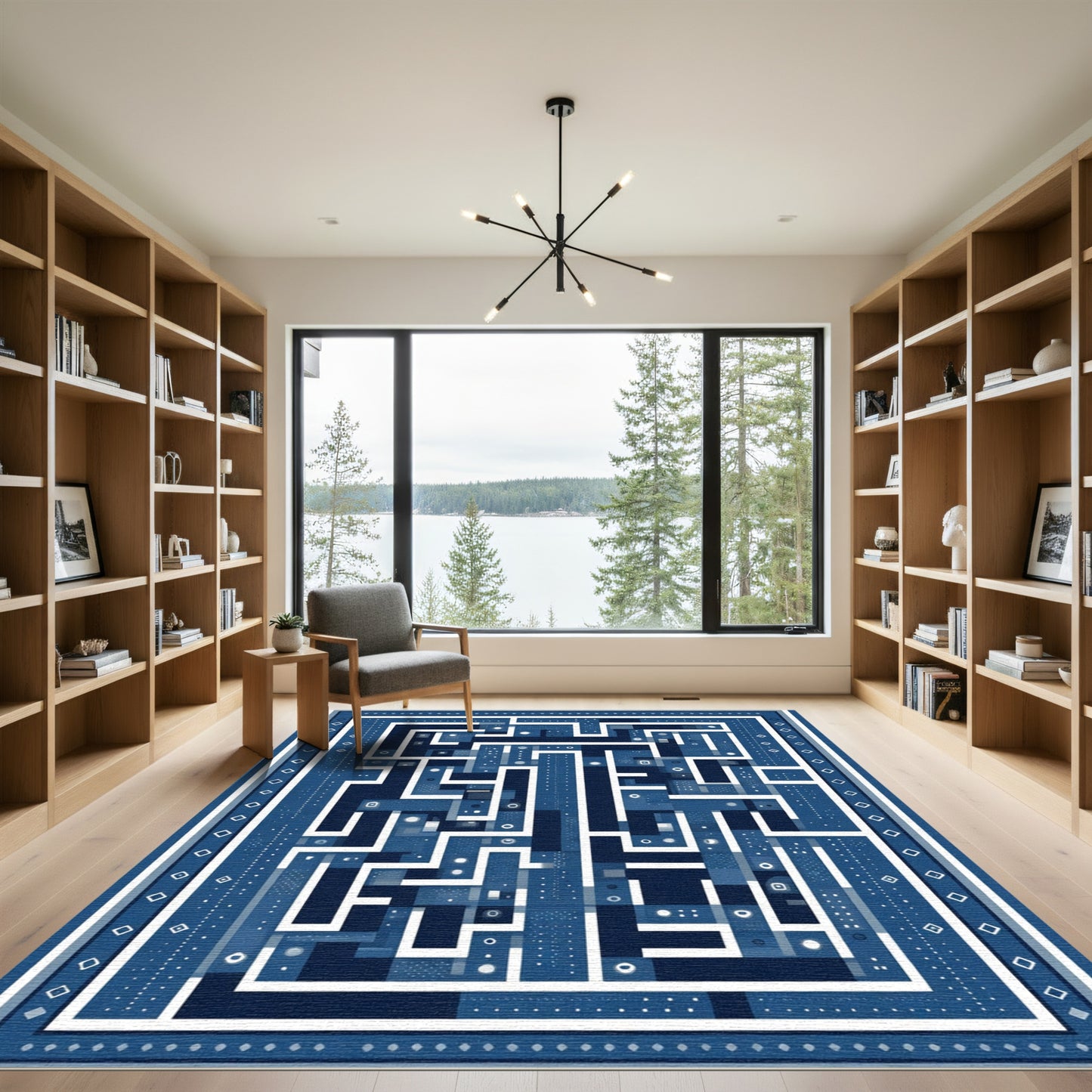Deep Blue Geometric Maze Rug