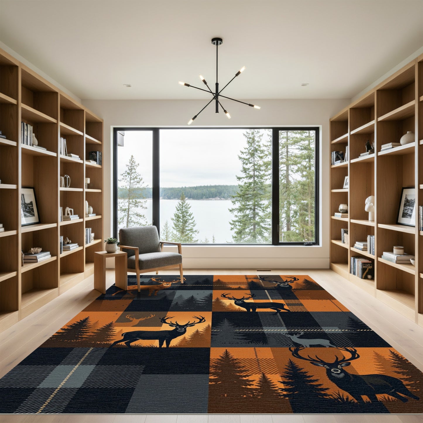 Rustic Deer Plaid Forest Silhouette Rug