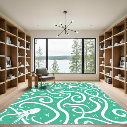 Turquoise White Octopus Tentacle Swirl Rug