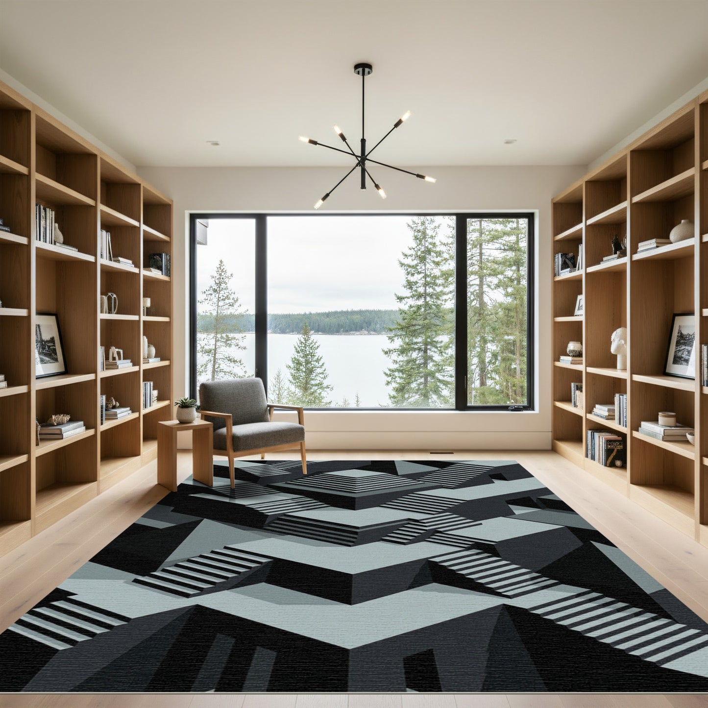 Grey Isometric Geometric Staircase Architecture Matrix Rug