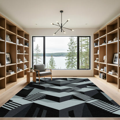 Grey Isometric Geometric Staircase Architecture Matrix Rug