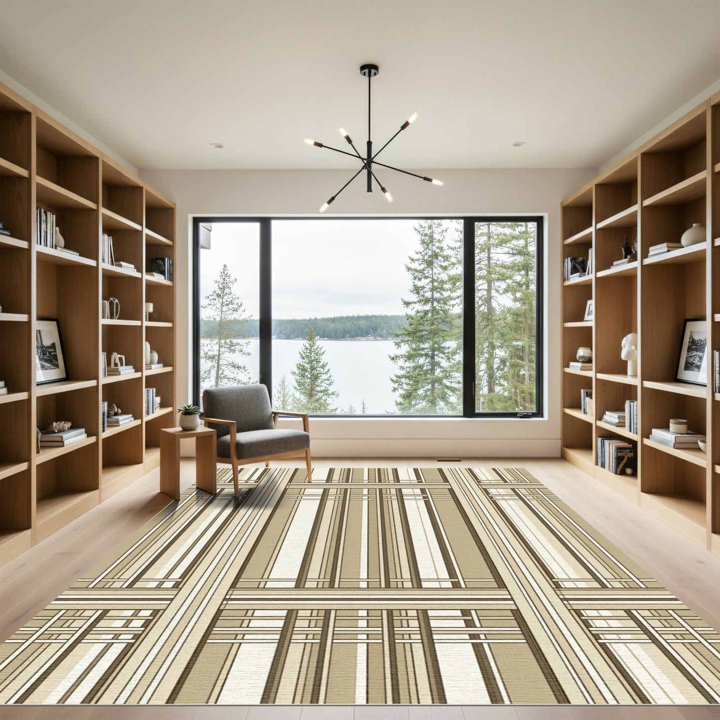 Neutral Beige Linear Grid Plaid Rug