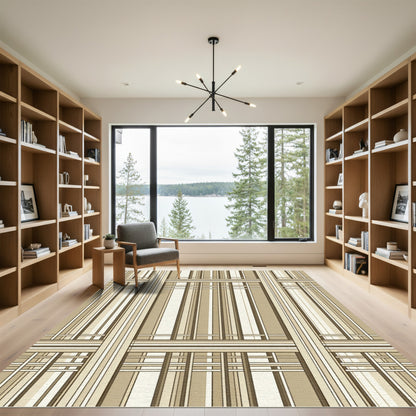 Neutral Beige Linear Grid Plaid Rug