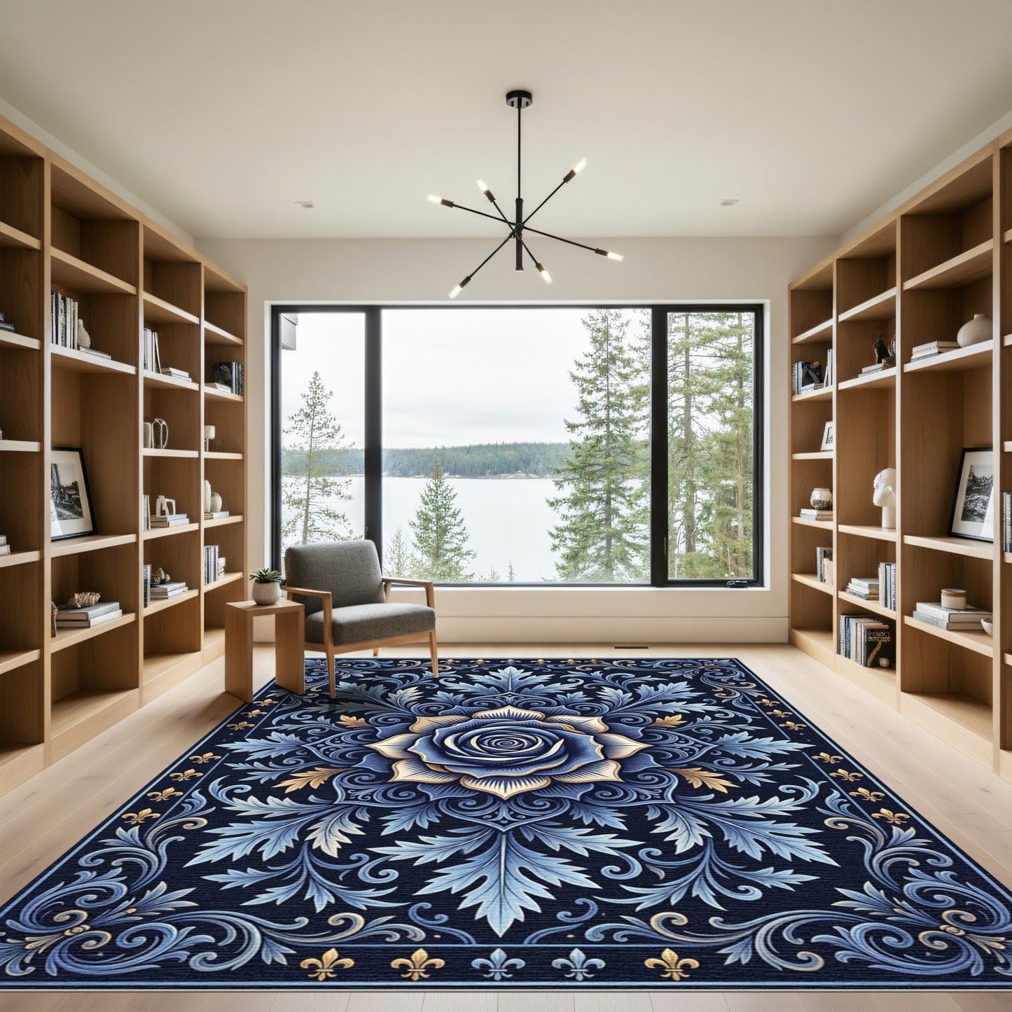 Deep Blue Golden Rose Floral Scroll Rug