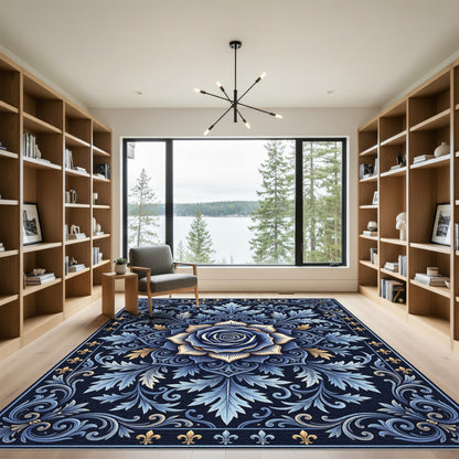 Deep Blue Golden Rose Floral Scroll Rug