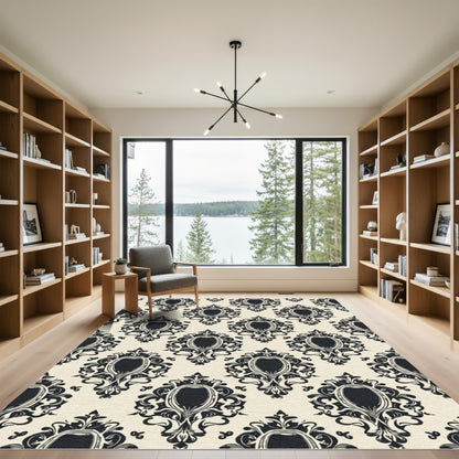 Ornate Black Damask Oval Cream Rug