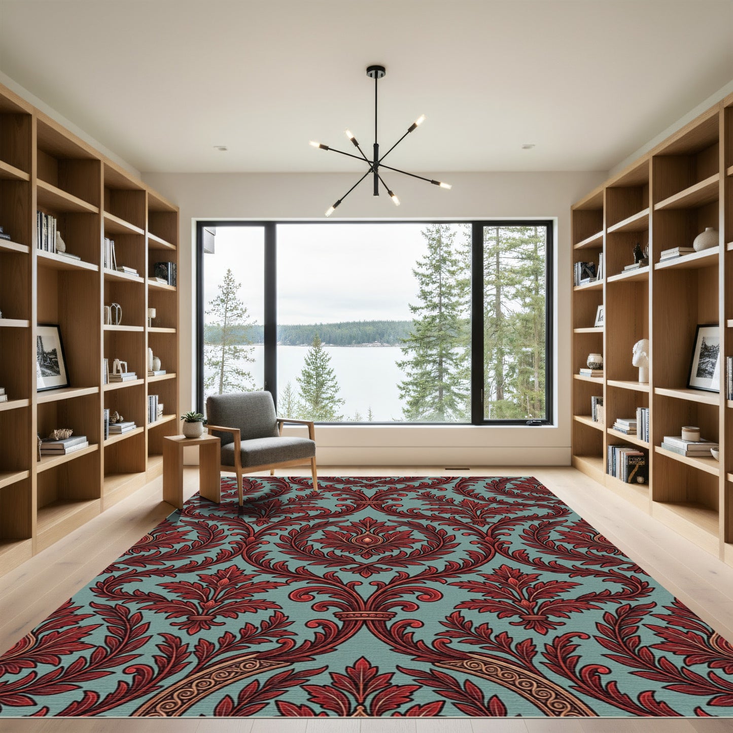 Crimson Damask Foliage on Teal Field Rug