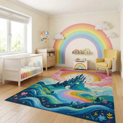 Whimsical Castle Rainbow Hearts Rug