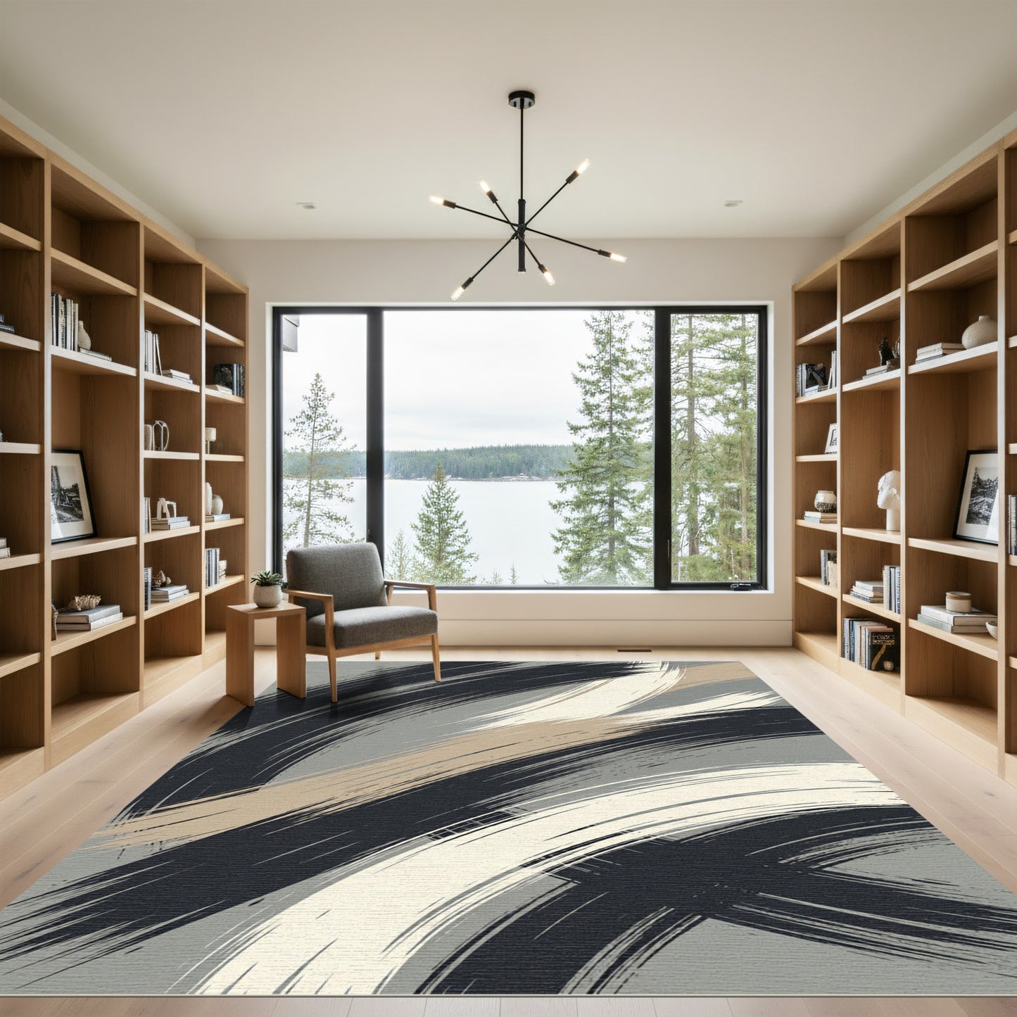 Modern Abstract Black Beige Swirl Rug
