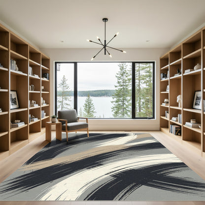 Modern Abstract Black Beige Swirl Rug