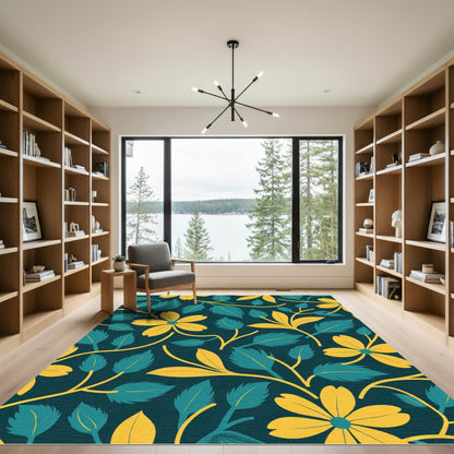 Teal Yellow Floral Vine Pattern Rug