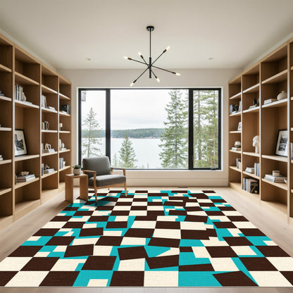 Abstract Teal and Chocolate Geometric Checkerboard Rug
