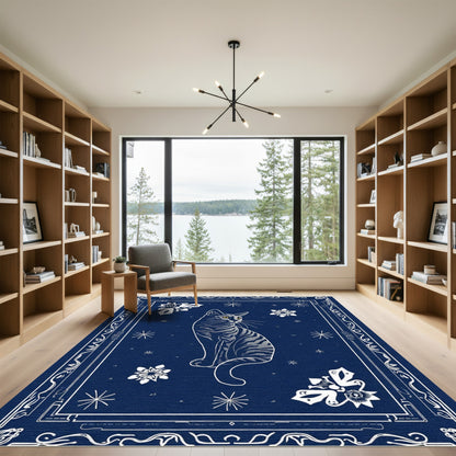 Deep Blue Tabby Cat Floral Charm Rug