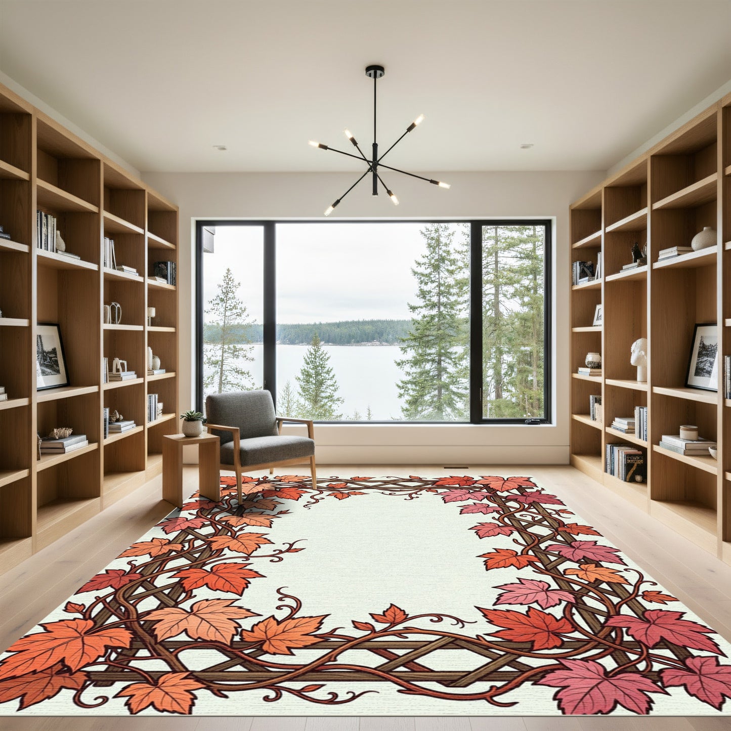 Crimson Maple Vine Lattice Border Rug