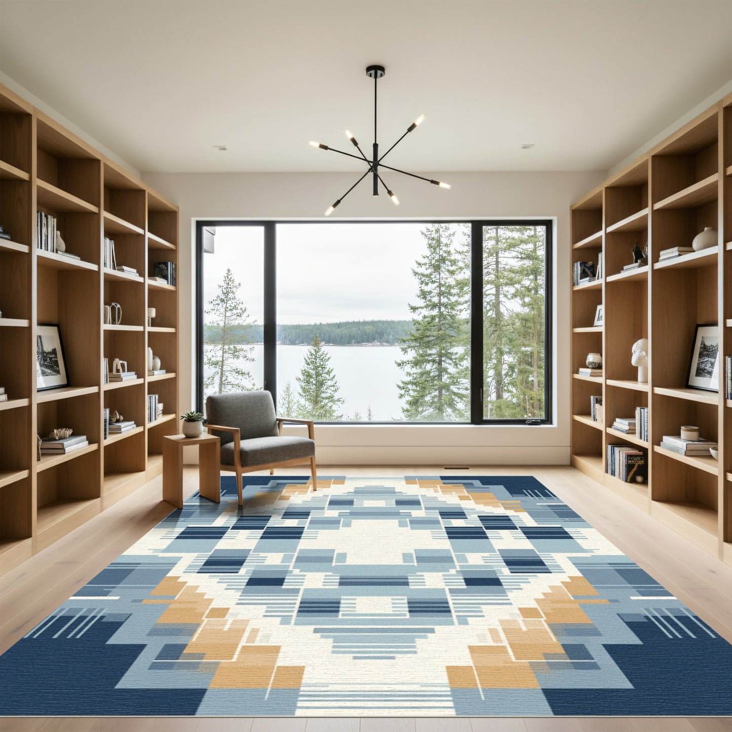 Geometric Ochre Blue Abstract Squares Rug