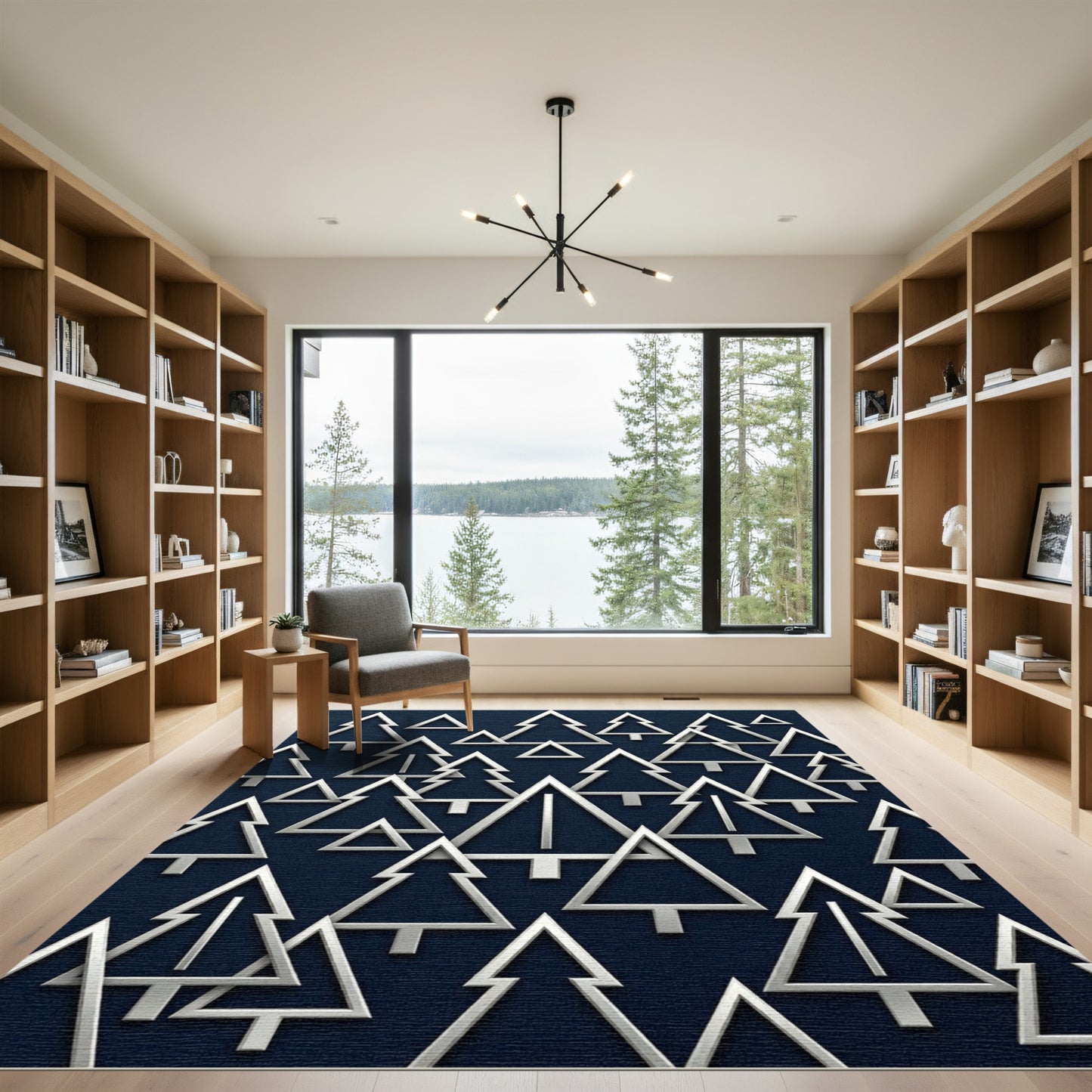 Modern Navy Silver Minimalist Pine Tree Rug