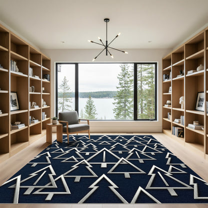 Modern Navy Silver Minimalist Pine Tree Rug