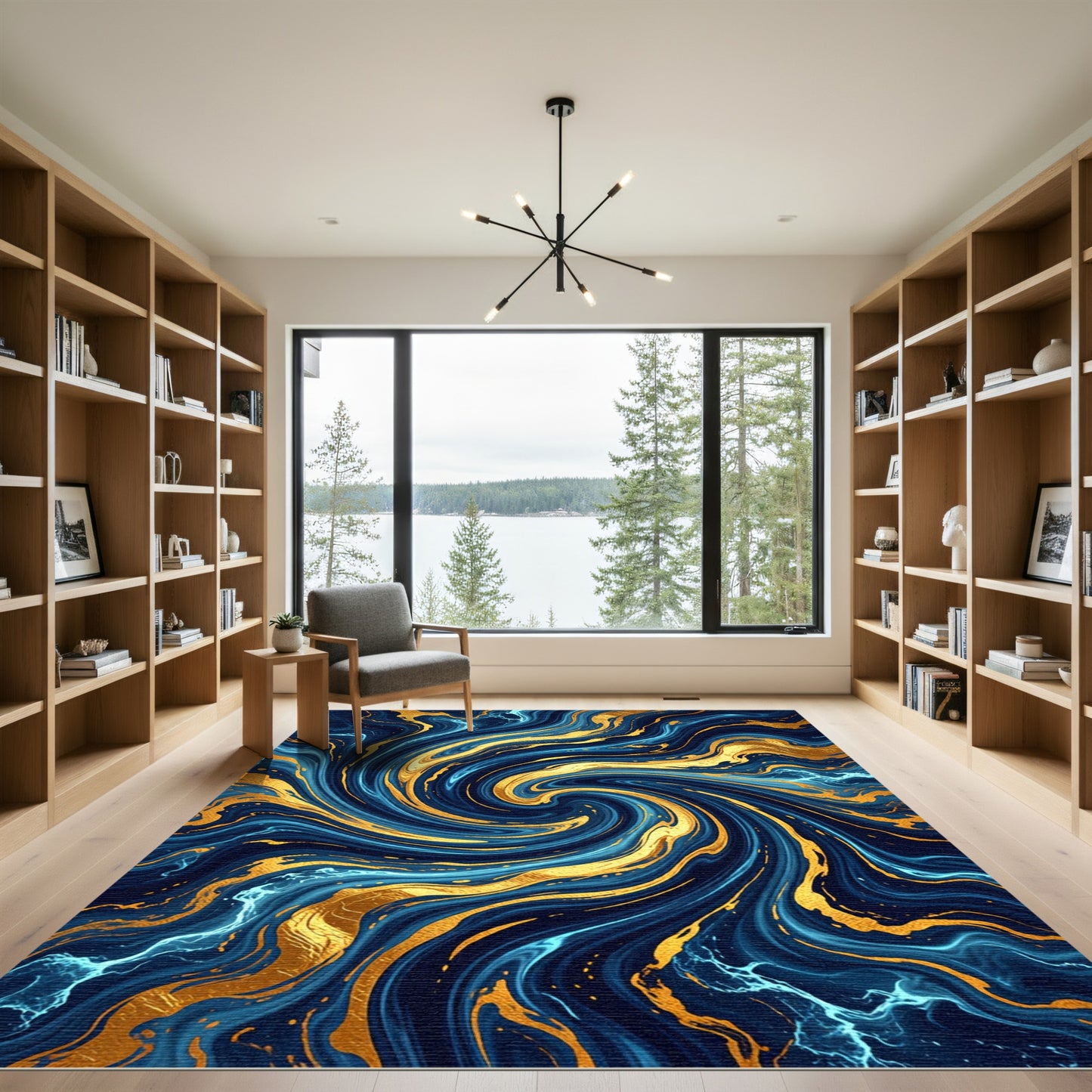 Swirling Navy Blue and Gold Marble Rug